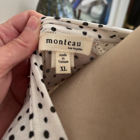 Monteau Ruffle Top Shirt XL Black Polka Dot Dressy Stretch Business Wear VGUC - Picture 5 of 5